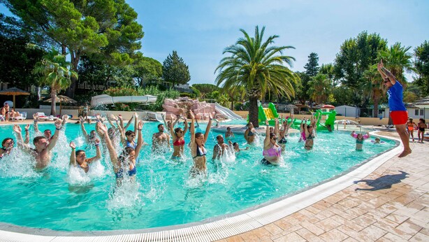 A swimming pool with people enjoying the water, surrounded by palm trees and a clear sky. - Camping Site de Gorge Vent (Fréjus)