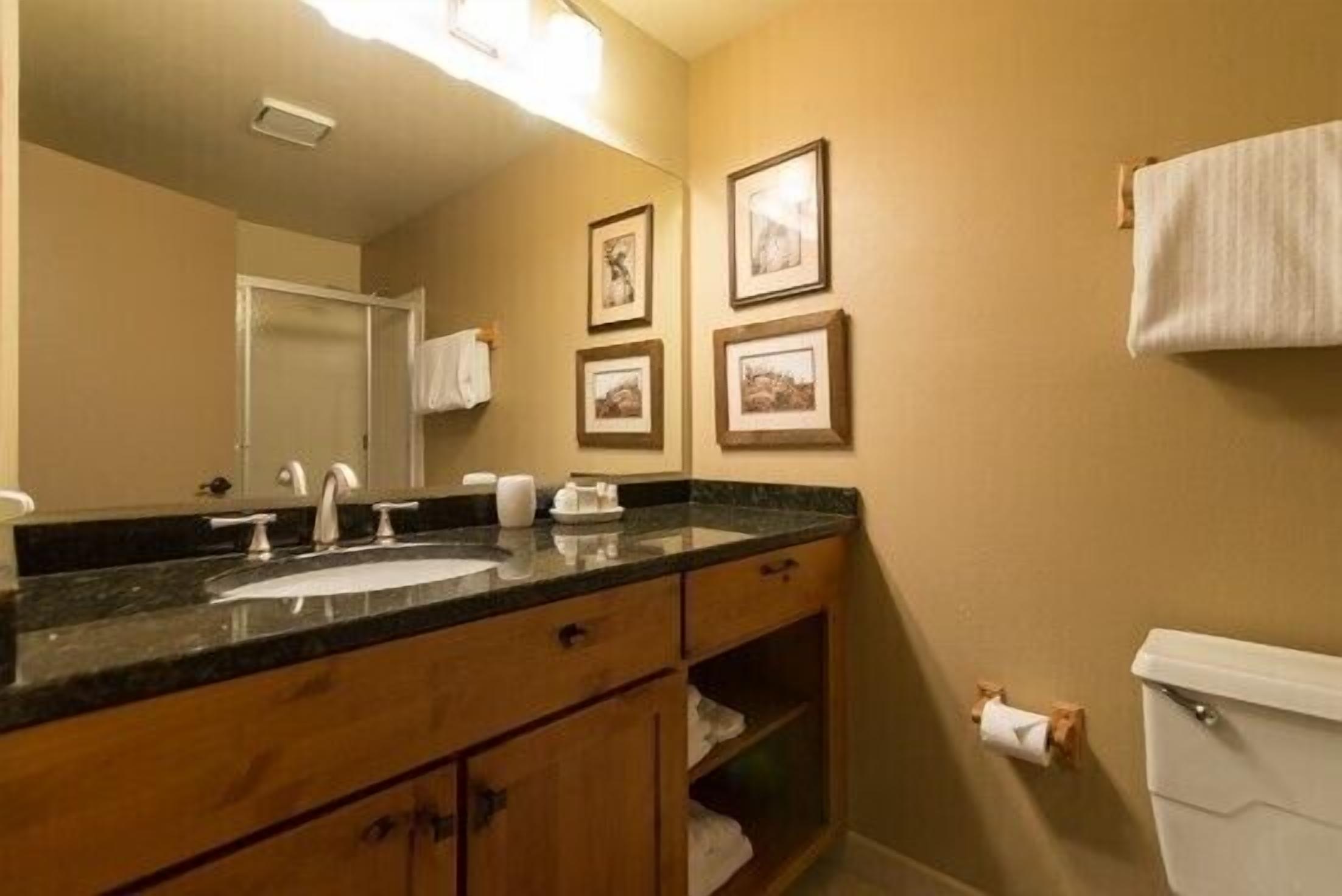 Un bagno con lavandino, specchio e servizi igienici. Alle pareti sono presenti quadri incorniciati e un asciugamano appeso.