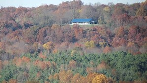 A house on a hill with a blue roof, surrounded by autumn-colored trees.