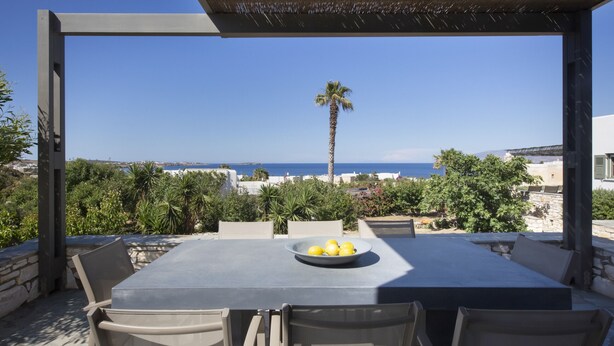 An outdoor dining area with a table and chairs, a bowl of lemons, and a view of the sea and palm tree. - Villa Rinia - Seaview villa (Ampelas)
