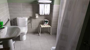 Shower, free toiletries, hair dryer, towels
