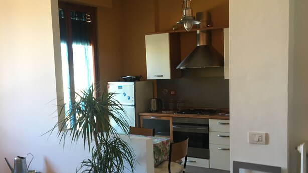 A compact kitchen with a dining area, a potted plant, and a modern stove. - Casa Arcobaleno, an experience to try! (Firenze)