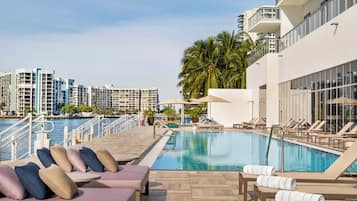 Outdoor pool, open 7:00 AM to 6:00 PM, sun loungers