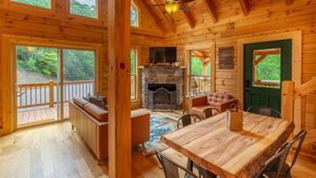 TV, fireplace, DVD player, toys