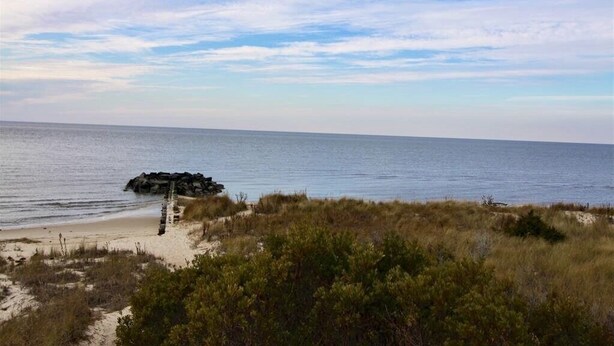 A beach with a rocky outcrop and a wooden walkway leading to the water. - Pet friendly cottage by the Delaware Bay-Townbank  (Townbank)