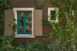 A building with a window and a door, partially covered by ivy.