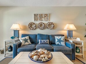 Condo, 1 Bedroom, Beach View | Living room | 36-inch flat-screen TV with cable channels, TV - Clearwater by Bender Vacation Rentals (Gulf Shores)