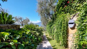 A stone pathway leading through a lush garden with various plants and a stone wall on one side. - Lake Garda luxury studio with pool (Torri del Benaco)