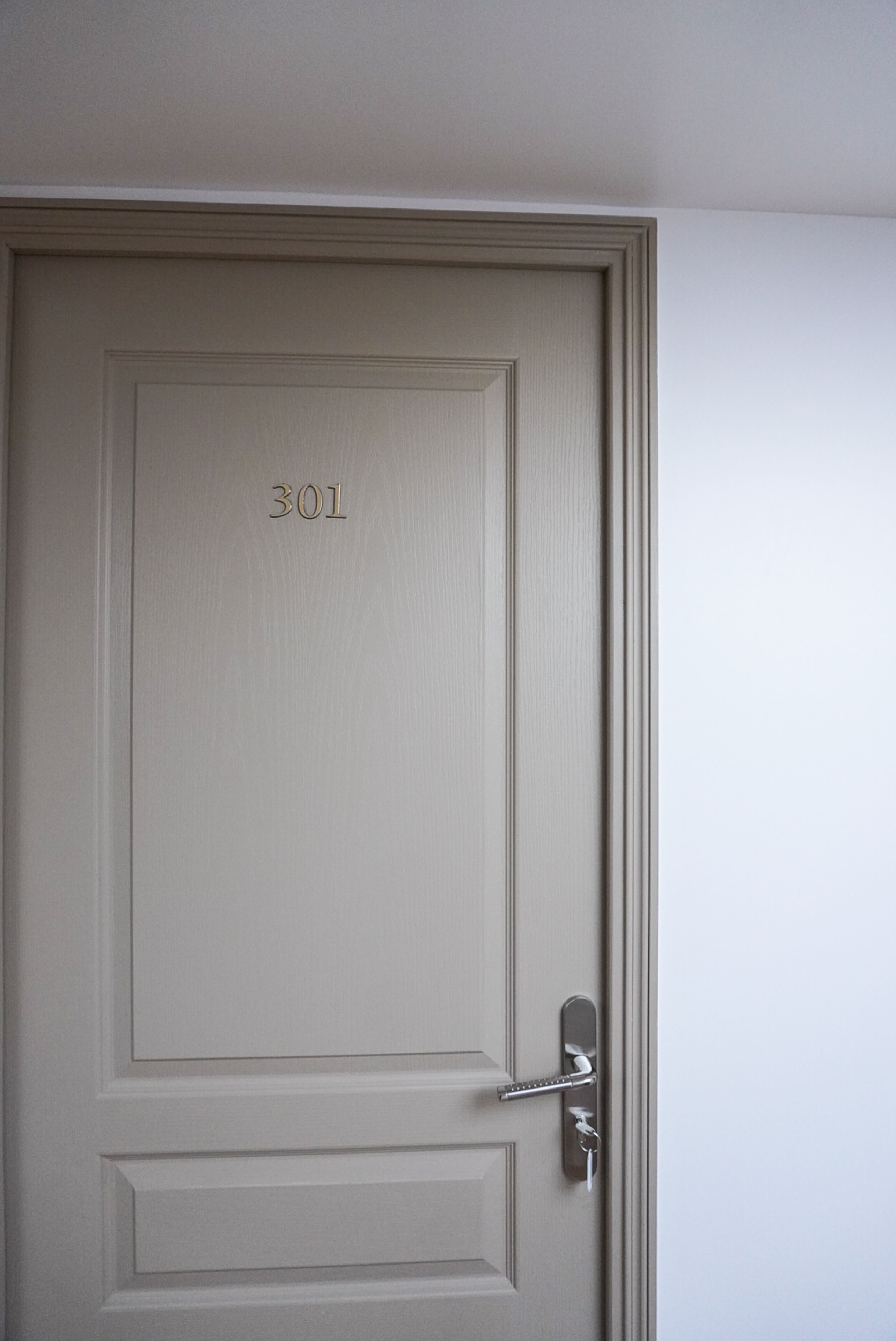 Une porte fermée, portant le numéro 301, et dotée d’une poignée de porte moderne.