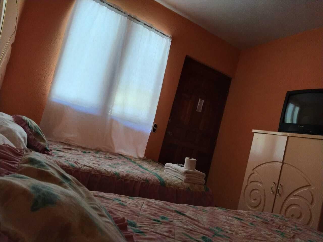 A room with two beds, a wardrobe, and a television.