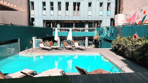 Seasonal outdoor pool, open 10:00 AM to 8:00 PM, pool loungers