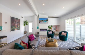 Smart TV, fireplace, books