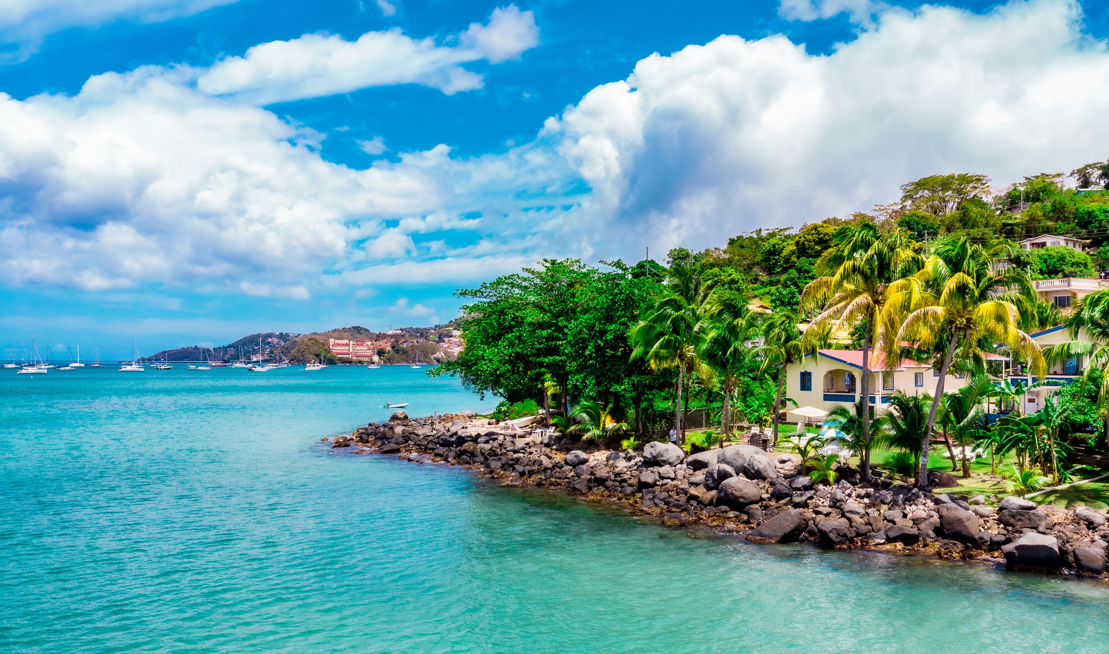 A coastal scene with a rocky shoreline, clear turquoise water, and a backdrop of a clear blue sky with scattered clouds.