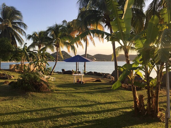 A grassy outdoor area with a table and chairs, a blue umbrella, and palm trees. - Hideaway Apartments Grenada (St. George's)