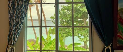 A window with a view of a tropical landscape, including palm trees and a body of water.