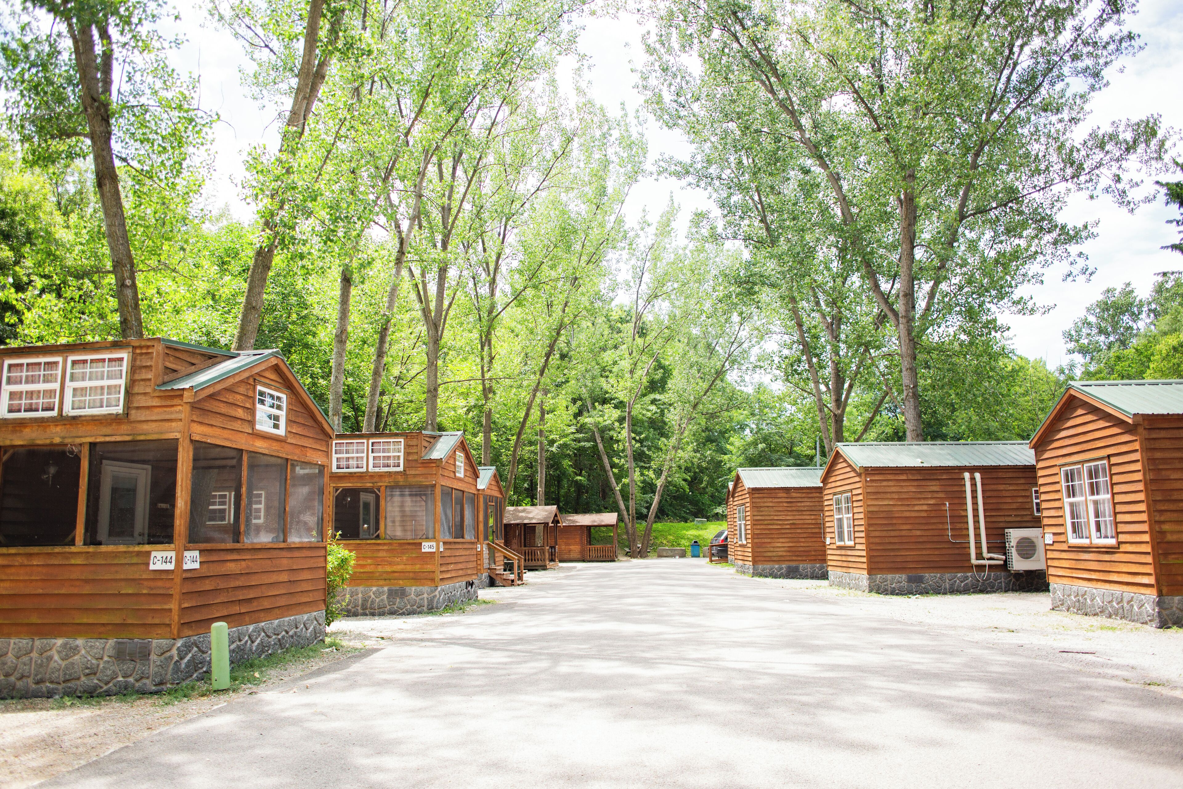 A row of wooden cabins with stone foundations, set in a wooded area with a clear sky.