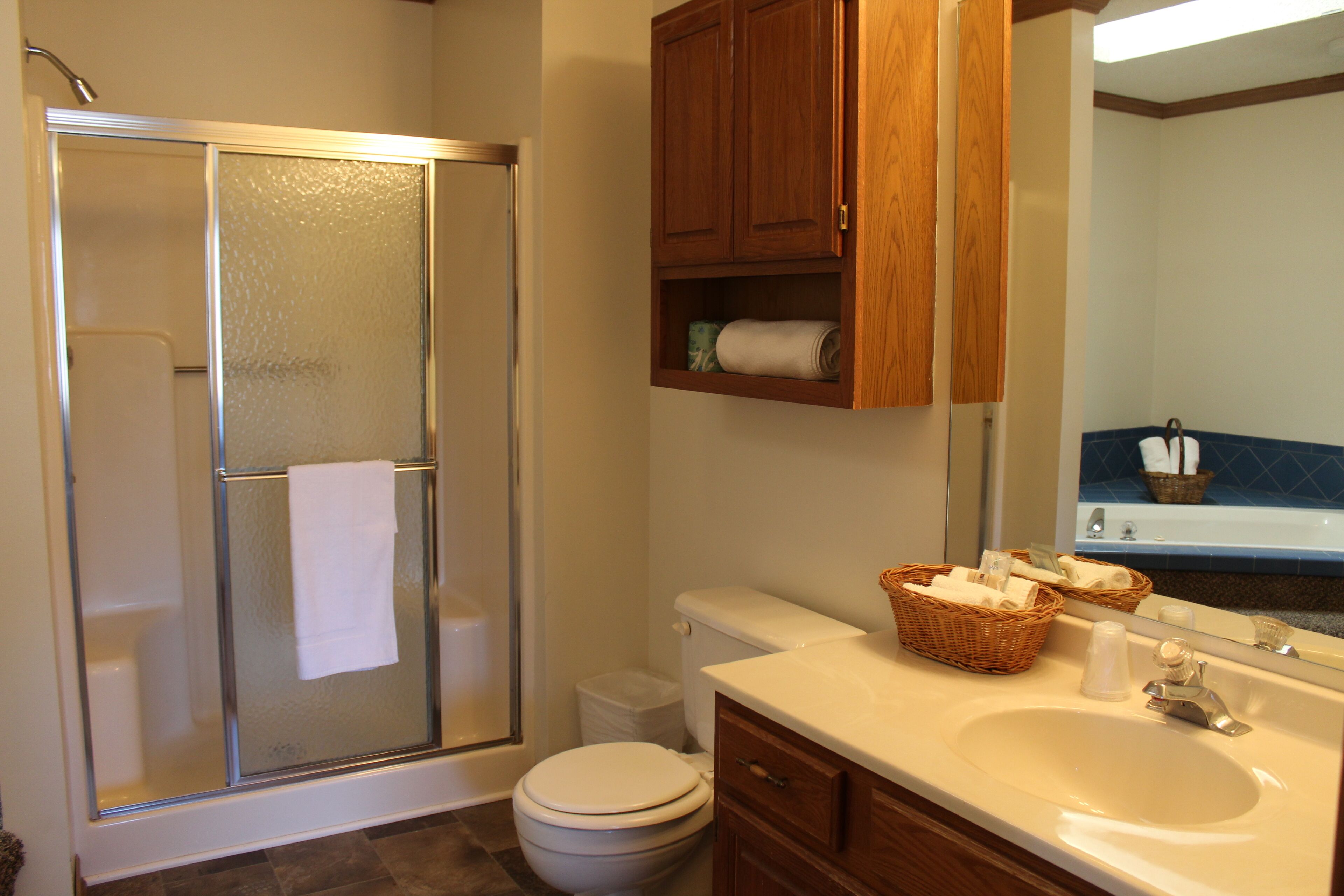 A bathroom with a glass-enclosed shower, a toilet, a sink with a mirror, and wooden cabinets.