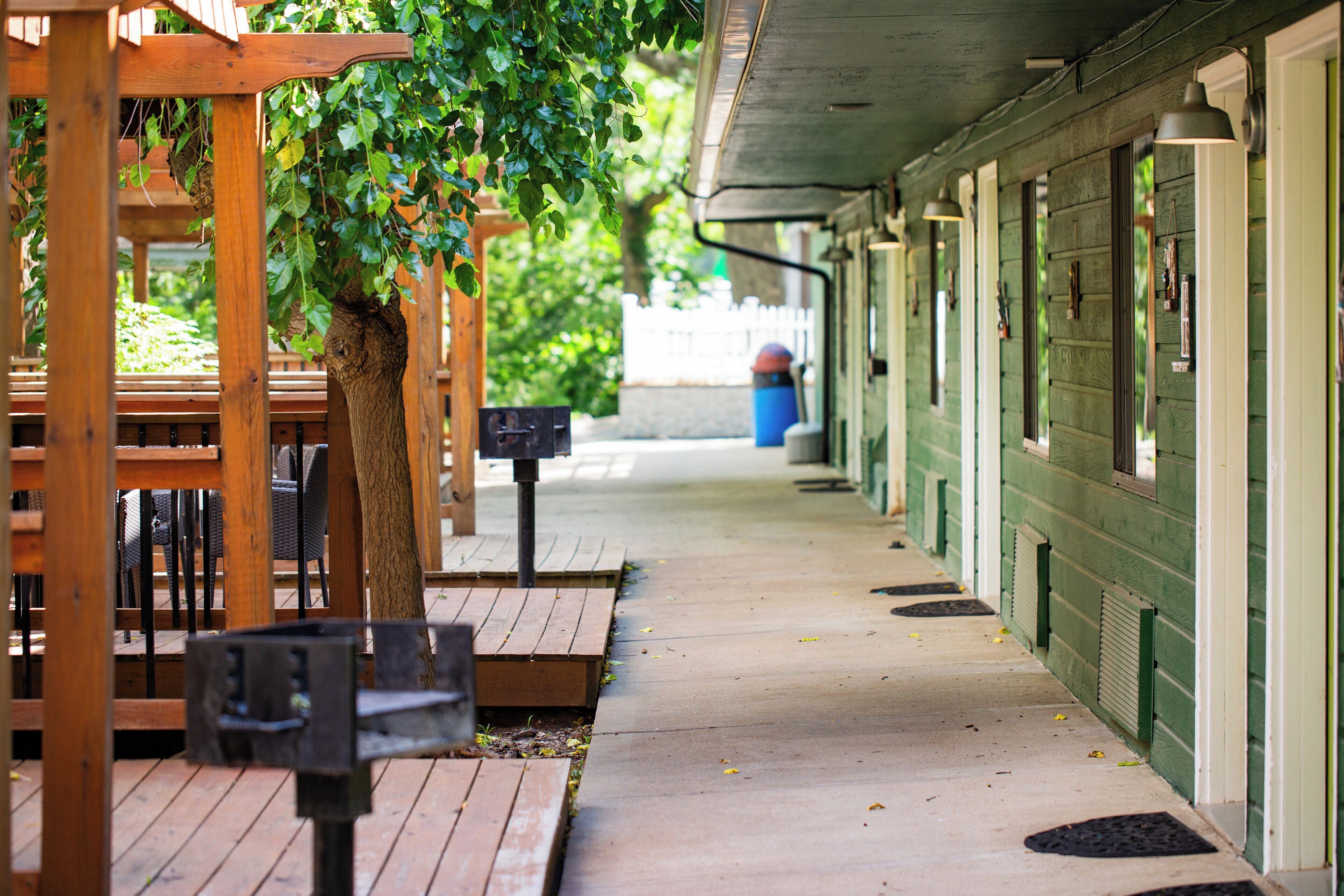 A covered outdoor seating area with wooden tables and benches, a trash bin, and a pathway leading to a building with green siding.