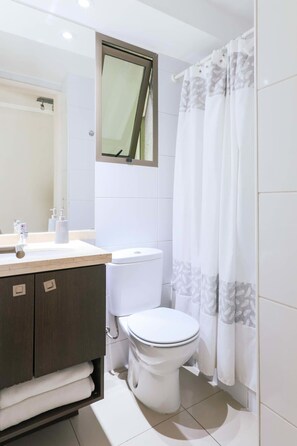 Banheira, secador de cabelo, toalhas de banho, shampoo