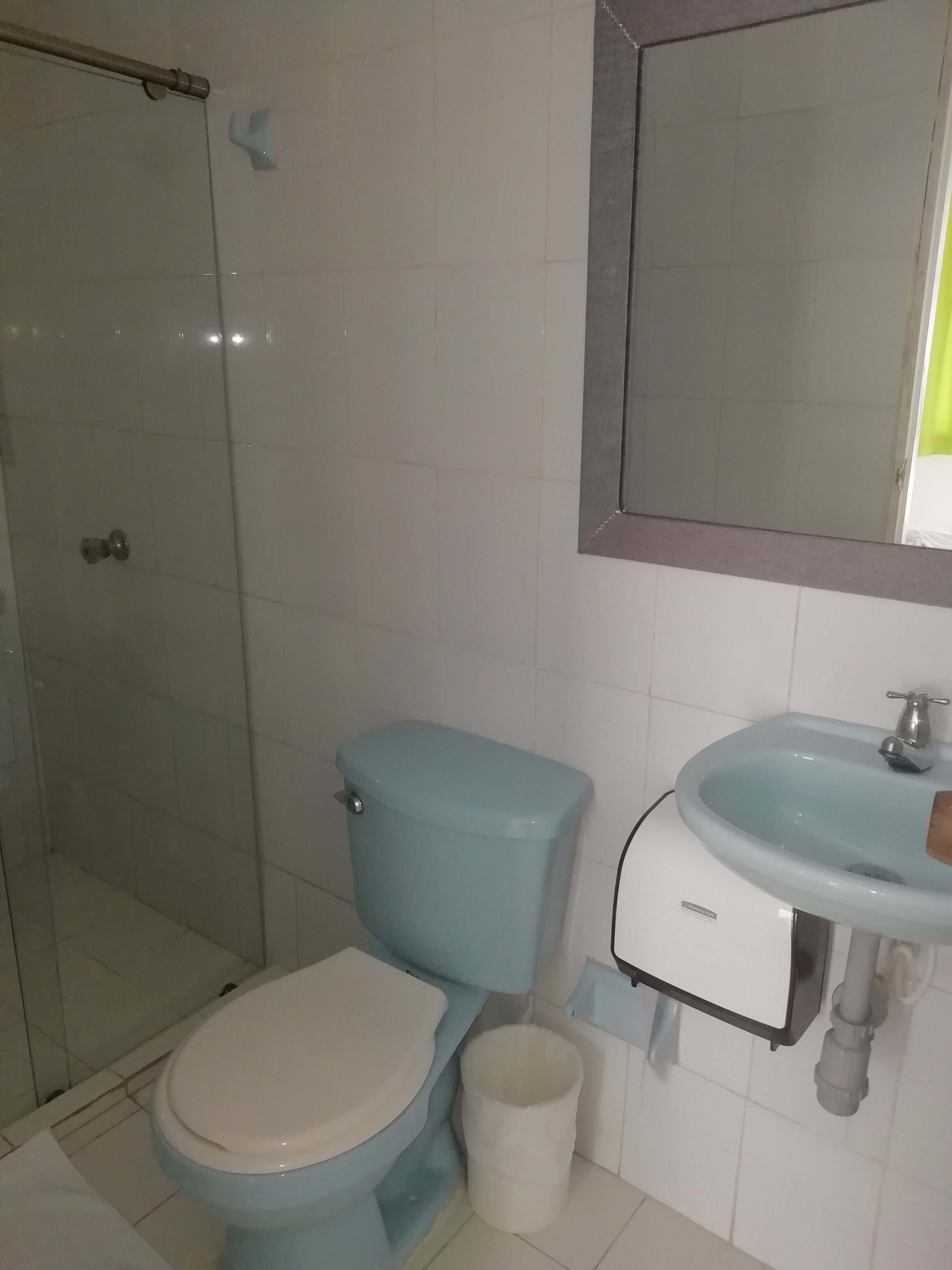 shower, towels, soap, toilet paper