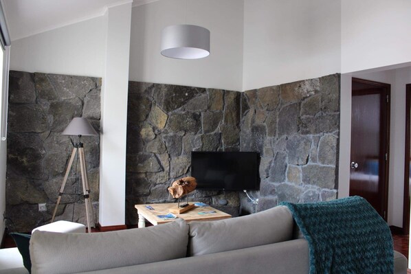 Una sala de estar con pared de piedra, televisor montado, un trípode y un sofá acogedor.
