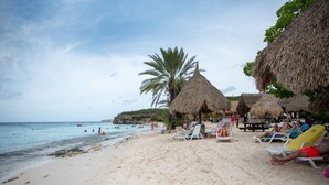 A beach with thatched-roof huts, sun loungers, and palm trees. - FonteinTop - 360° Panoramic View (Willemstad)