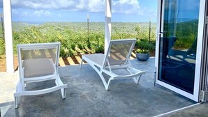 A covered outdoor area with two white lounge chairs and a glass door leading to a view of a vineyard. - FonteinTop - 360° Panoramic View (Willemstad)