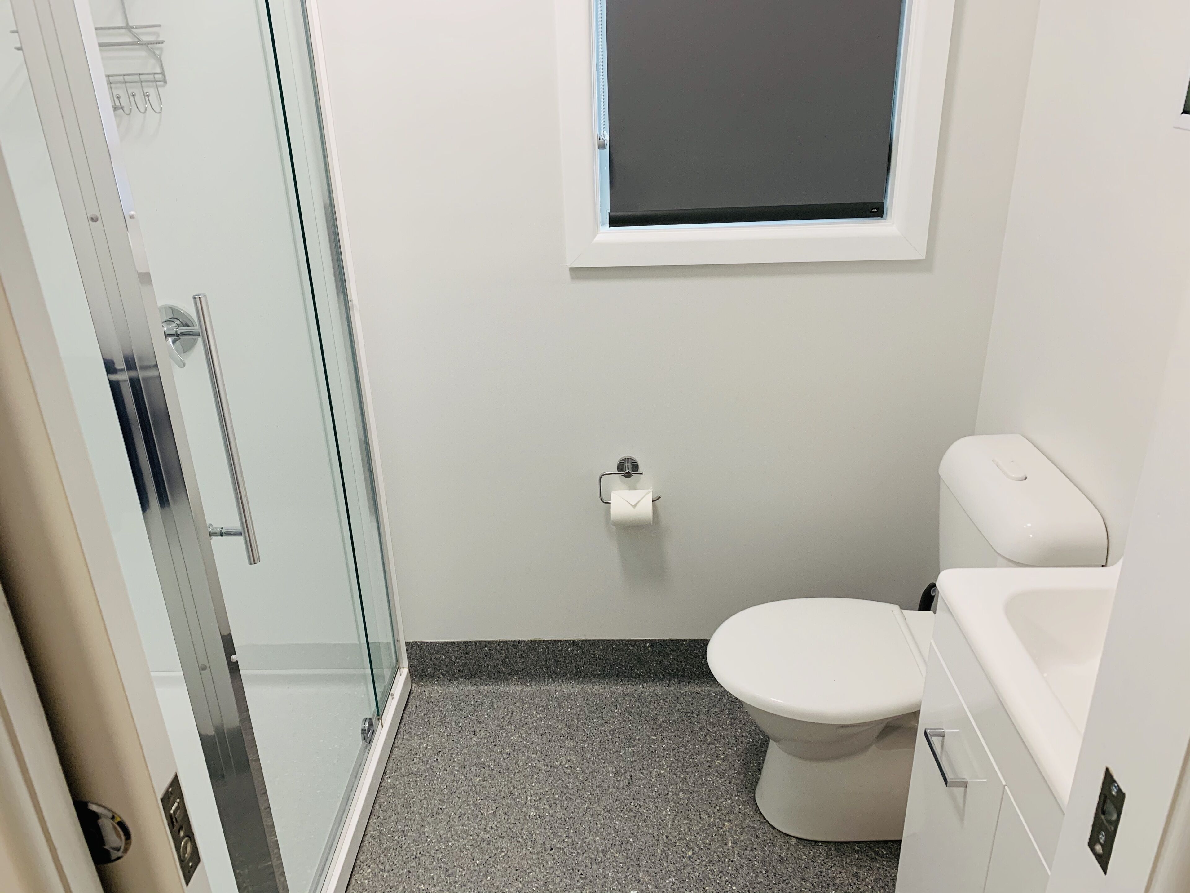A bathroom with a toilet, a sink, and a shower area.