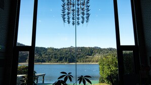 Una habitación con ventanas amplias que dan a un lago, una planta colgante decorativa y vistas de las colinas boscosas.