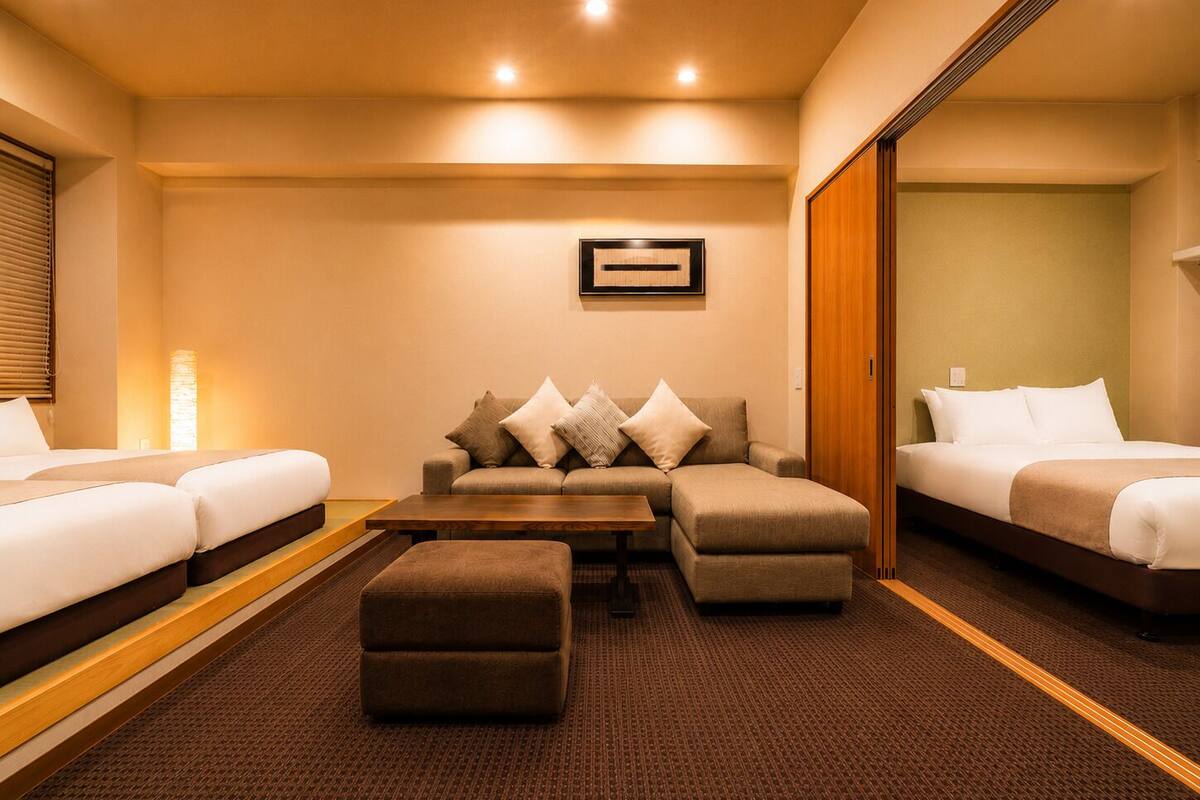 A hotel room with a sofa, two single beds, a wooden coffee table, and a carpeted floor.