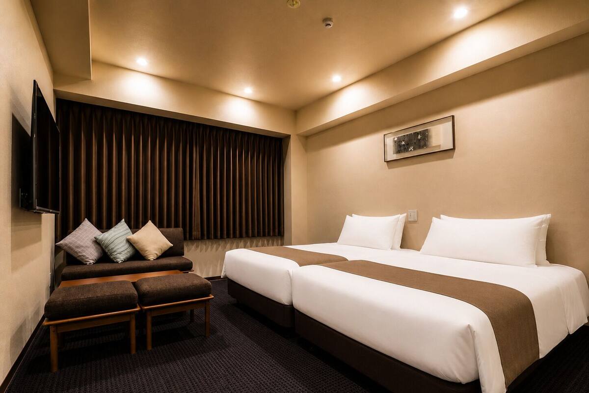 A hotel room with a sofa, two beds, a TV, and a picture on the wall.