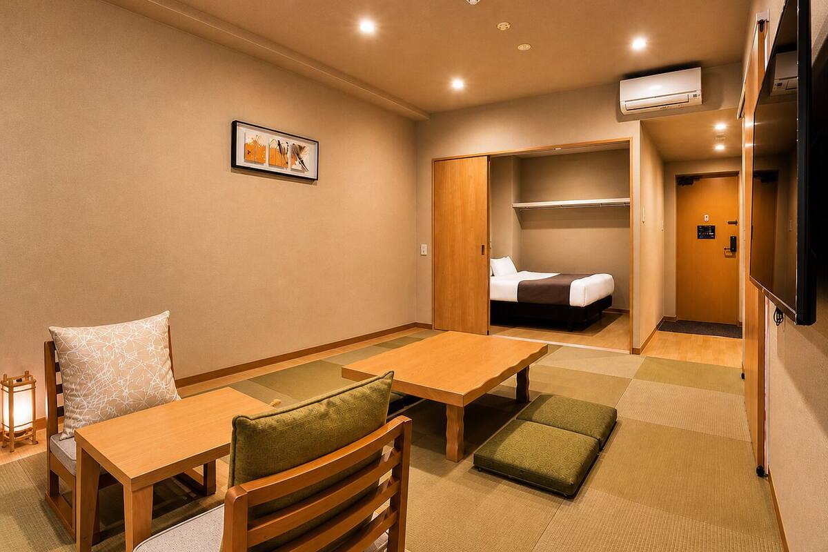 A hotel room with a bed, a desk, a chair, a small table, a sofa, a TV, and an air conditioning unit.