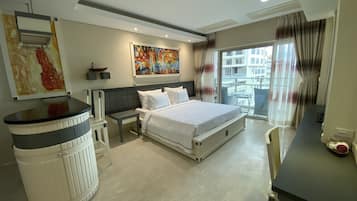 Studio Superior, 1 giường cỡ queen, bếp nhỏ, quang cảnh biển | Bộ trải giường bằng vải cotton Ai Cập, bộ đồ giường cao cấp