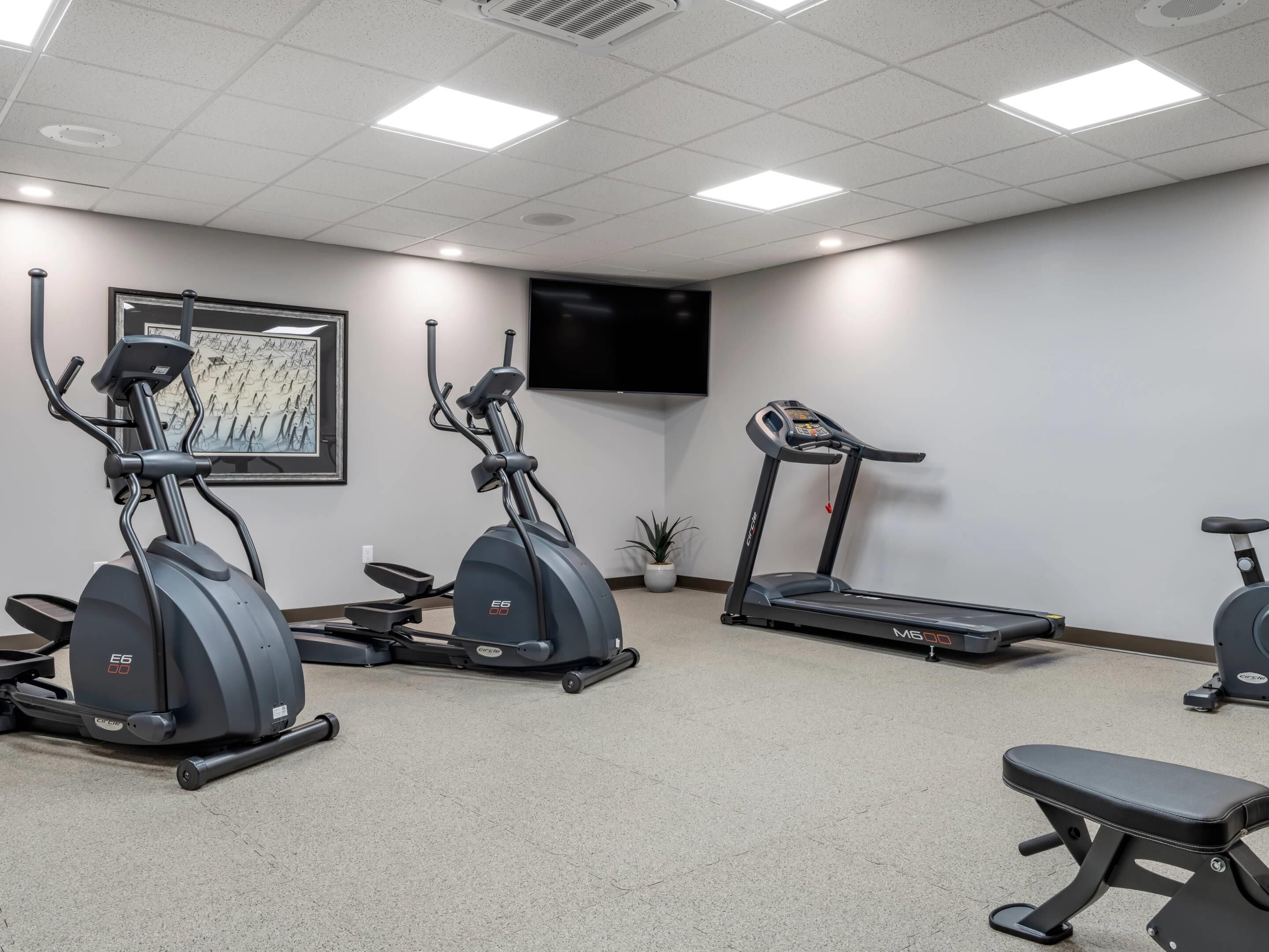 A fitness room with stationary bikes, a treadmill, and a bench.