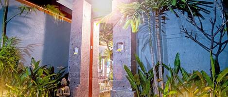 A well-lit entrance with a stone pathway leading to a door, surrounded by lush tropical plants.