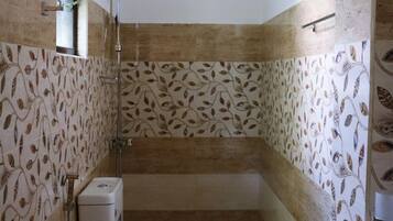 Shower, free toiletries, bidet, towels