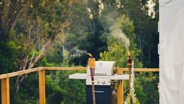 A wooden deck with a barbecue grill and potted plants. - Nature Domes (Toms Creek)