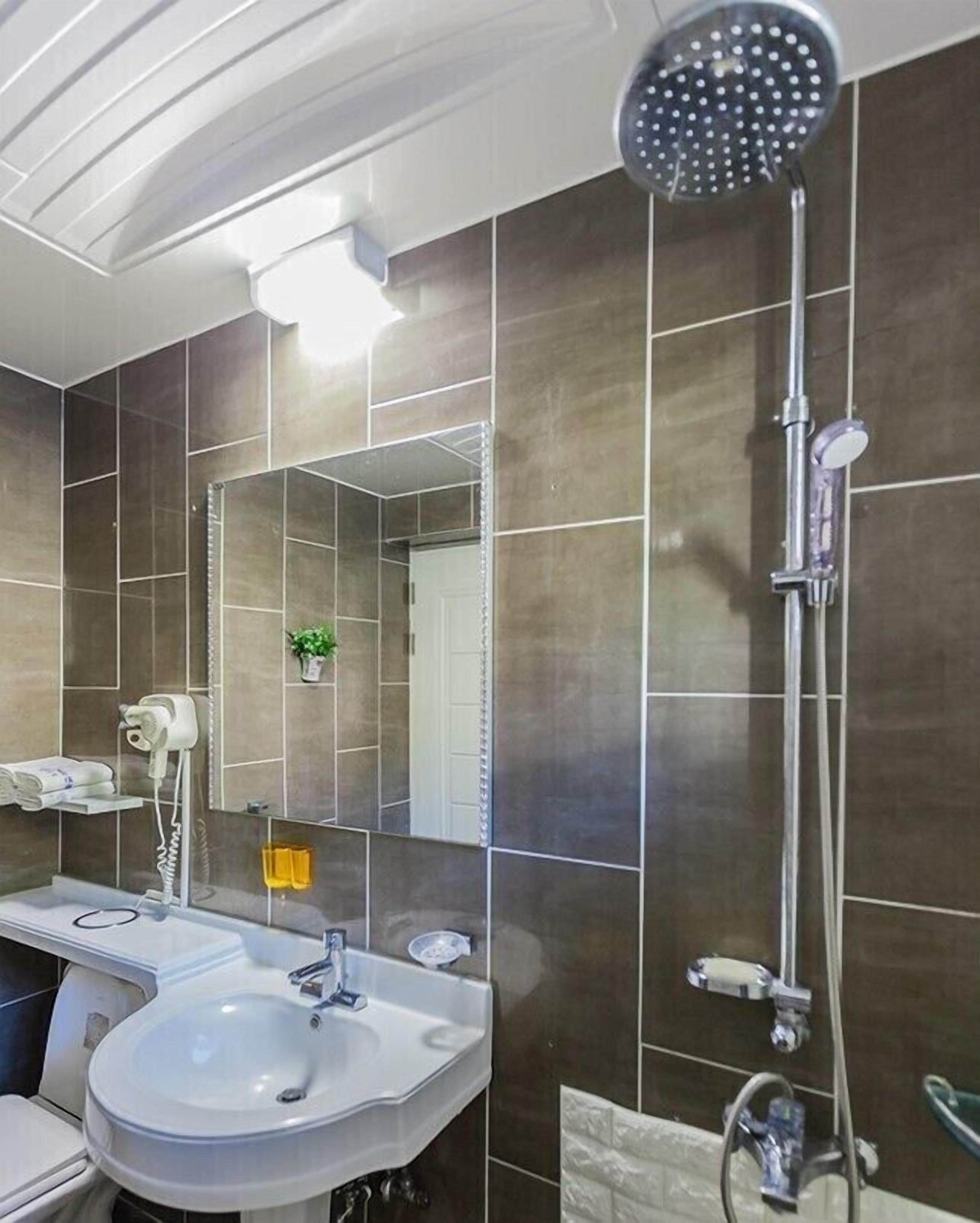 A modern bathroom with a large mirror, a white sink, a handheld showerhead, and a towel rack.