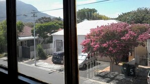 A view through a window of a street with buildings, a pink flowering tree, and a mountain in the background. - Nansen Place (Cape Town)