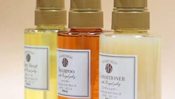 Combined shower/tub, free toiletries, hair dryer, slippers