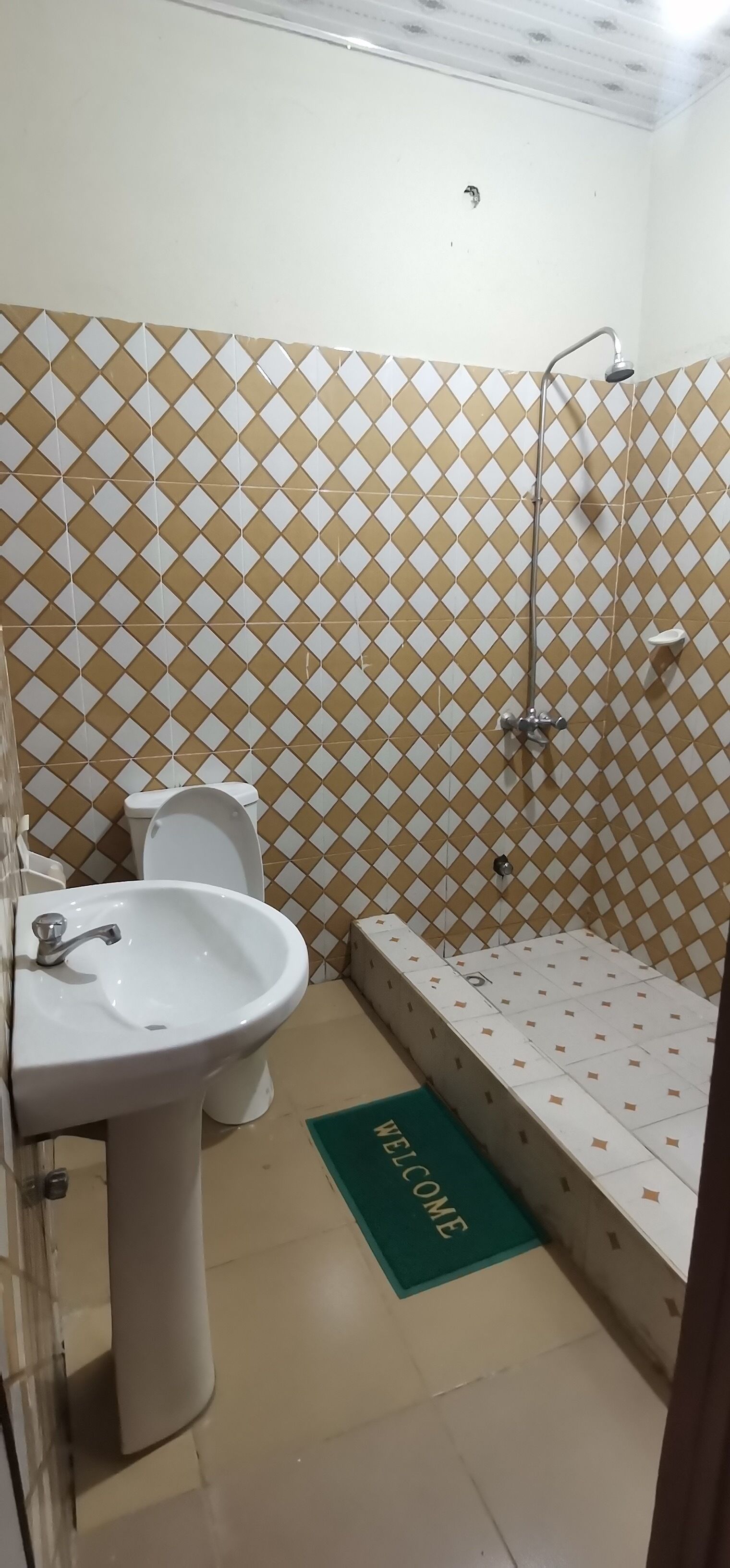 Un bagno con lavandino, WC e doccia.