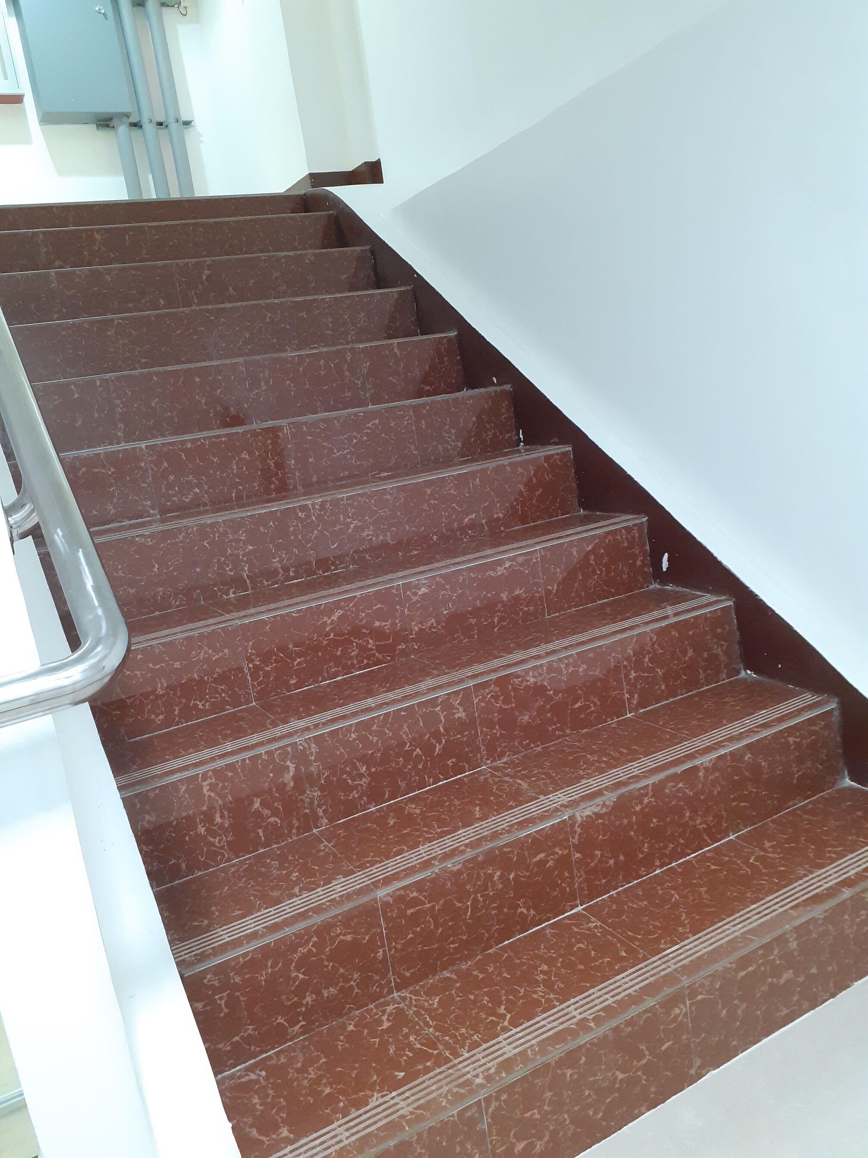 A set of marble stairs with a metal handrail, leading to a white wall.