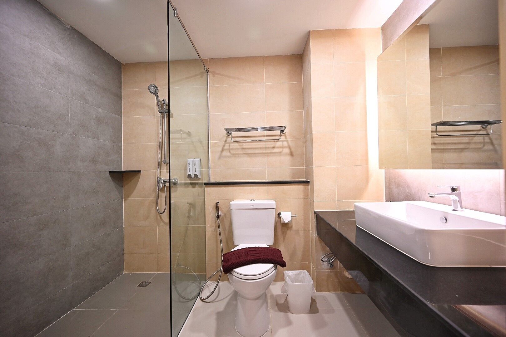 A modern bathroom with a glass-enclosed shower, a white toilet, a sink, and a large mirror.