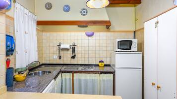 Een koelkast, een magnetron, een kookplaat, een vaatwasser