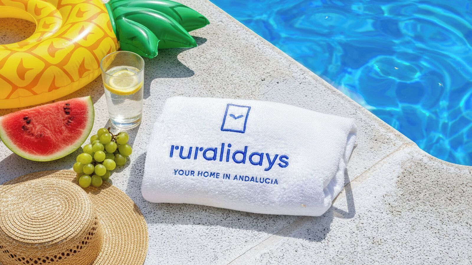 A towel with 'ruralidays' branding and a poolside setting with a watermelon, grapes, and a drink.