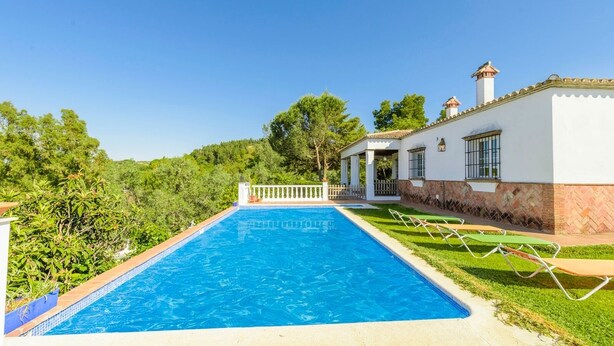 A swimming pool with a white building and a garden area.
