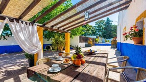 Eine Terrasse im Freien mit einem Holztisch, gedeckt für eine Mahlzeit, umgeben von Korbstühlen.