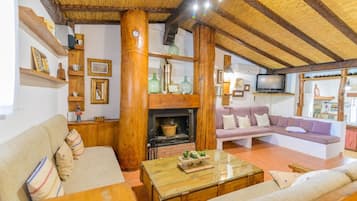 Tv, eldstad, dvd-spelare och ett bordtennisbord