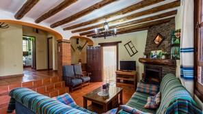 Télévision, cheminée, chaîne hi-fi