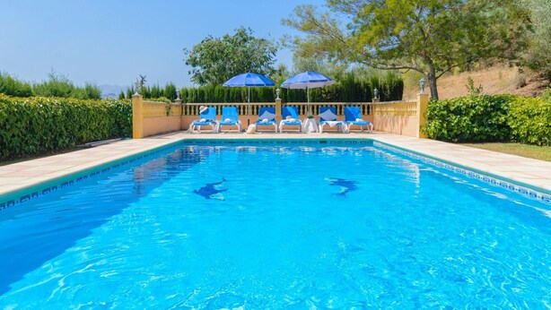 Ein Swimmingpool mit Liegestühlen und Sonnenschirmen.